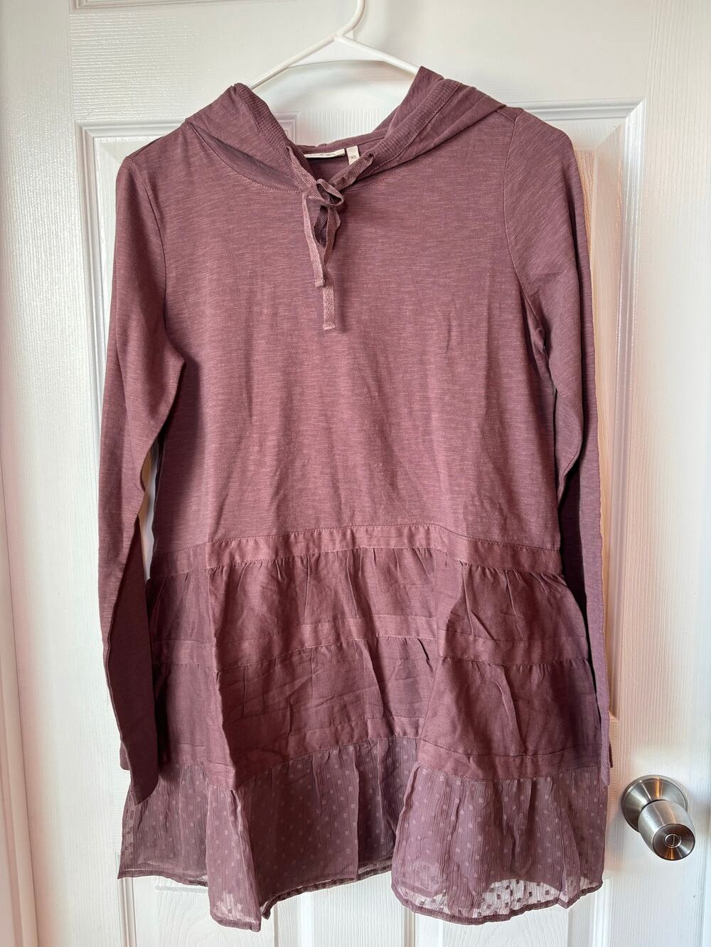 LOGO Lori Goldstein Women’s XS Mauve Tiered Ruffle Hem Hooded Tunic Top